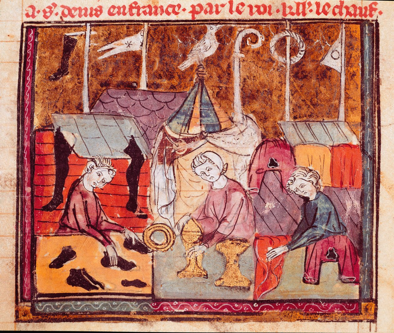 Kjøpmenn (skomaker, gullsmed, stoffhandler) på Lendit-messen nær Saint Denis Miniature fra "" Grandes Chronicles de France"" 1375-1379 kommunale bibliotek, Castres av Unknown artist