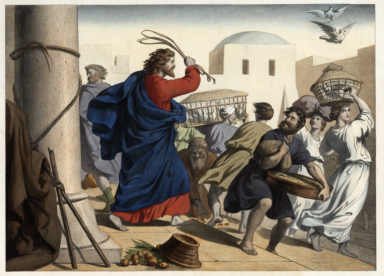Kjøpmenn jaget ut av templet. Anonym gravering fra midten av 1800-tallet. av Unknown artist