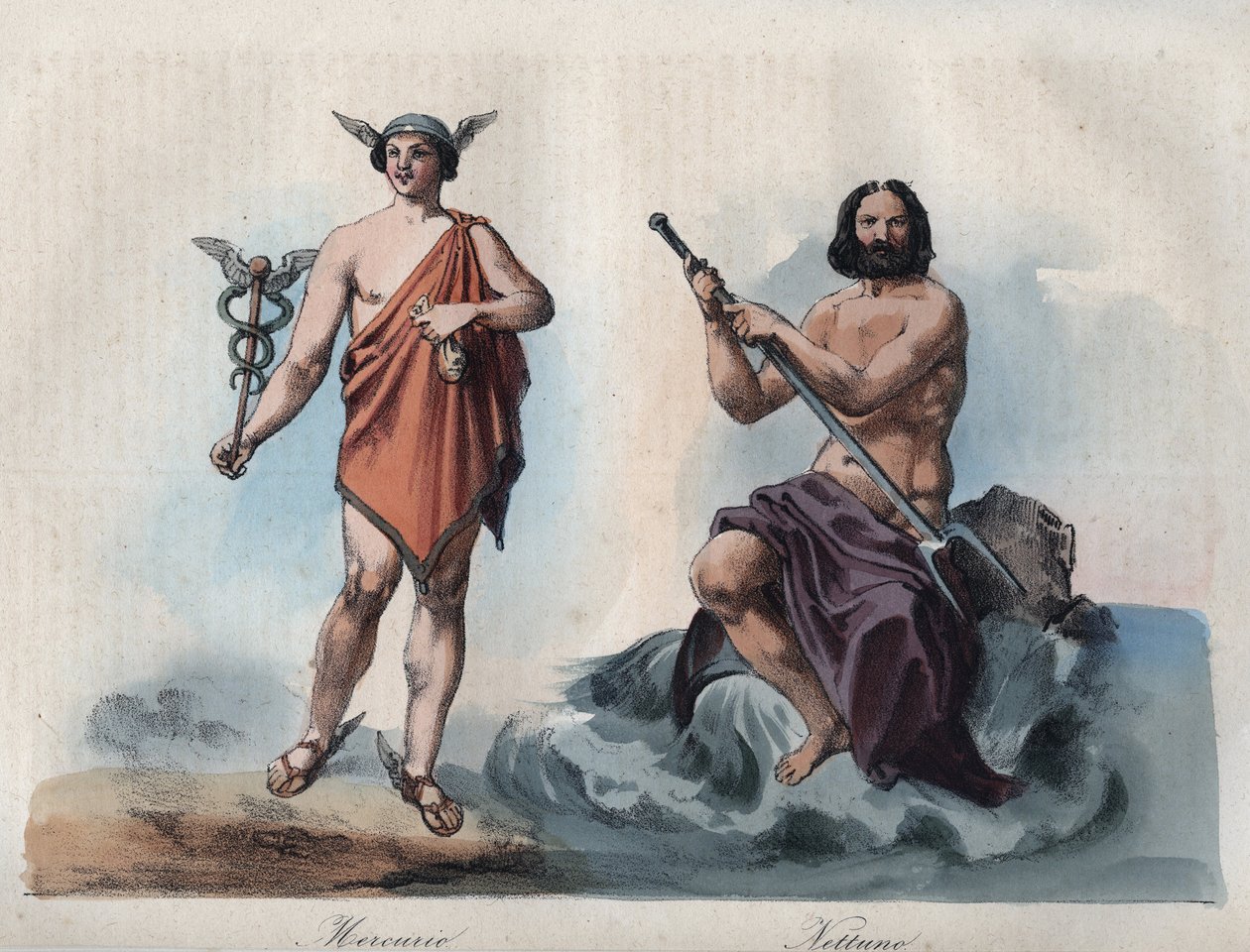 Mercurius (Hermes) og Neptun (Poseidon) - gravering fra "" skikker og tradisjoner til alle folkeslag i universet. Det vil si historien om regjeringen, lovene, militsen, om religionen til alle nasjoner fra de fjerneste tider til i dag "1856 av Unknown artist