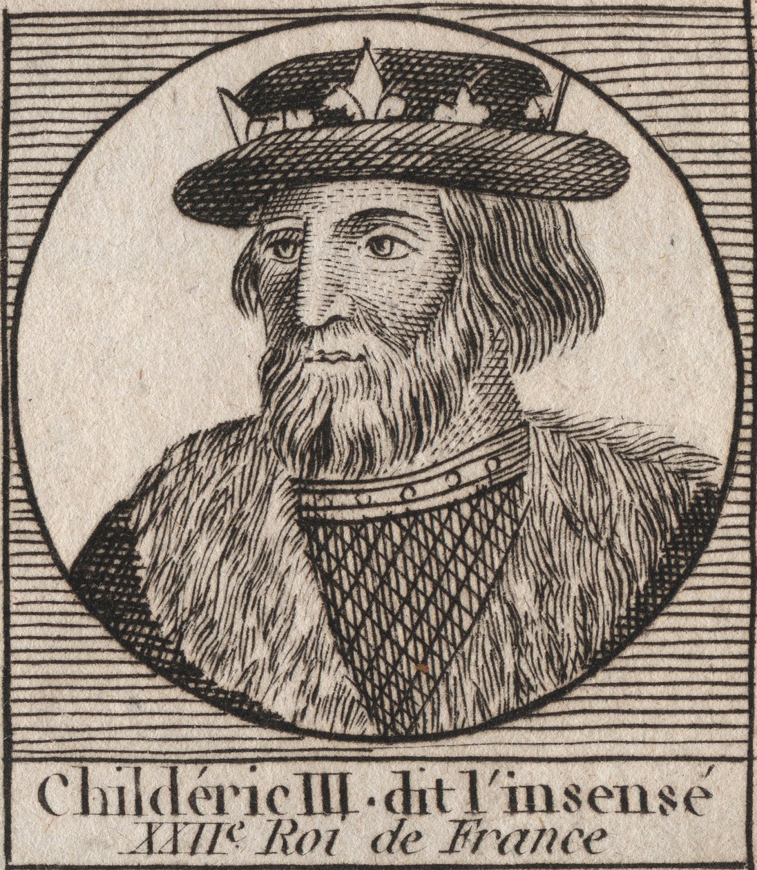 Merovingerdynastiet: Portrett av Childeric III (714-755) Frankenes konge - CHILDERIC III (d. 754) Frankenes konge, 741-751, og siste av merovingerene - gravering fra "" Instruction sur l