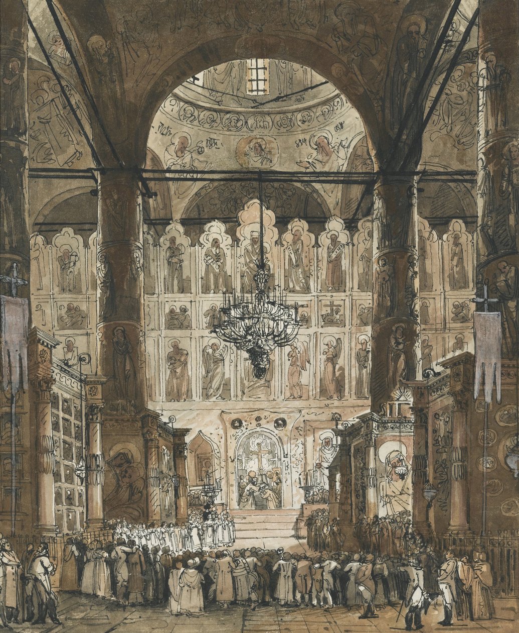 ""Messe ved Dormition-katedralen i Moskva Kreml, Russland"" (Messe ved Dormition-katedralen i Moskva Kreml) Anonym gouache ca. 1850 Privat samling av Unknown artist
