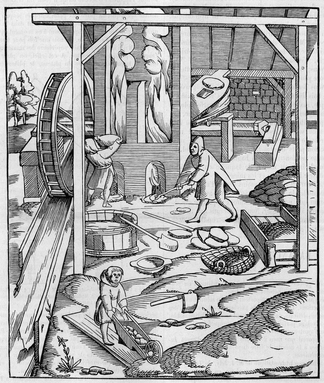 Metal furnace blower operated by a hydraulic motor. Fac simile (Fac-simile) of an engraving published in “” Cosmographie”” (1555) by Sebastien Munster. Engraving in “” La Nature: revue des sciences et de leurs applications aux arts et a l