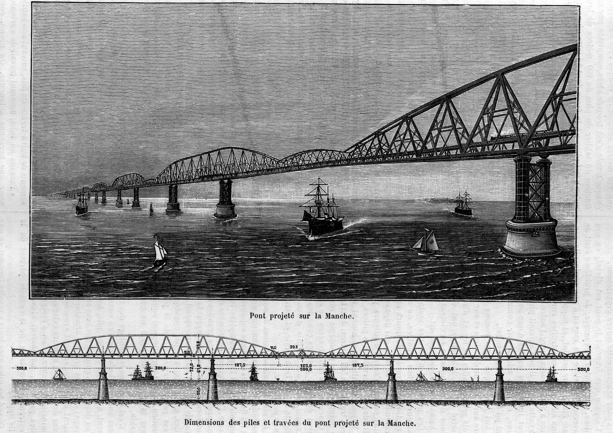 Metallic bridge project on the Channel: at the top, the bridge once finished; at the bottom, the dimensions of the piles and travees of the projected bridge. Engraving in “” Le Journal de la jeunesse”” av Unknown artist