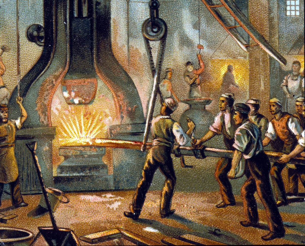 Metallurgi: trommehammer (trommehammer) - Produksjon av jern. kromolitografi 1890. av Unknown artist