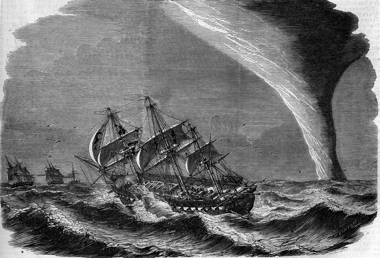 Meteorologisk fenomen: en tut på havet. Gravering av Linton i ""The Illustrous World"" nr. 49 av 20. mars 1858. av Unknown artist