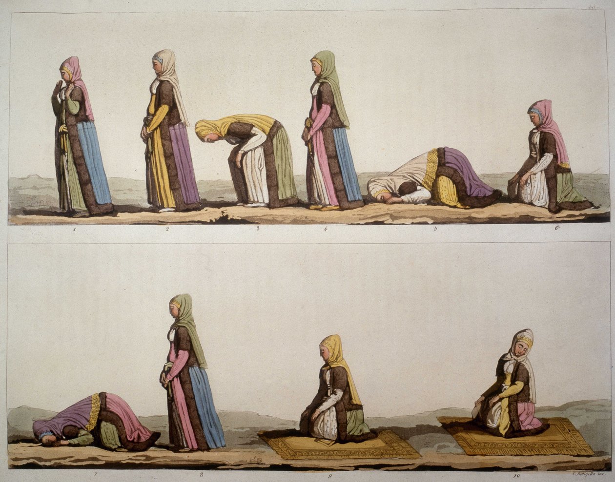 Metode for bønneposisjoner til muslimer. I "" The Old and Modern Costume"" 1819-1820, av Ferrario. av Unknown artist