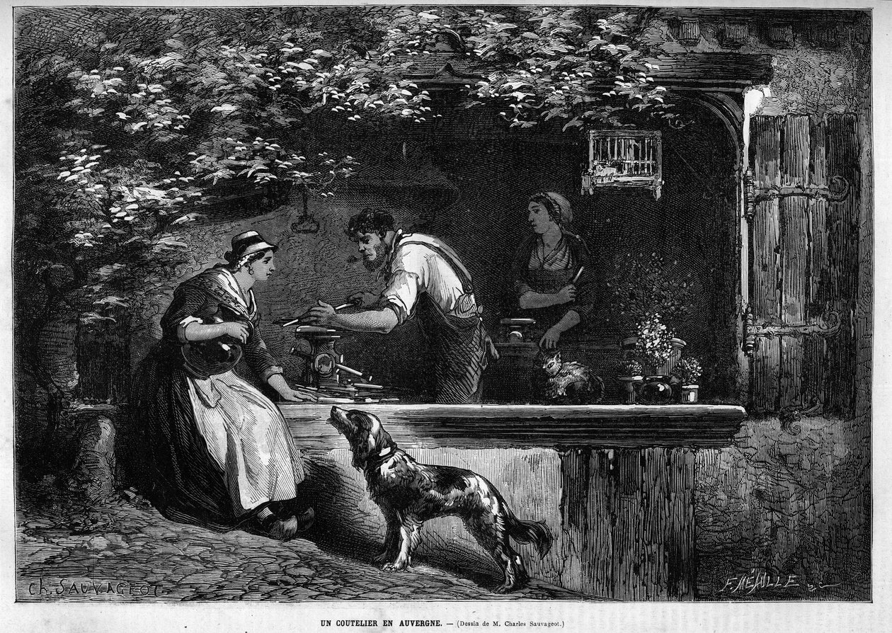 Metier and craftsman: a cutlermaker in Auvergne. Engraving in “” Le Monde illustrious”” 1883. Private collection. av Unknown artist