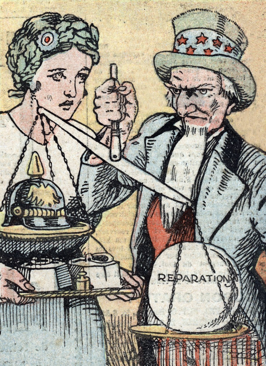 Metrikering i USA: plan for innføring av metrikering representert med det franske symbolet Marianne og Onkel Sam som prøver å balansere vektskålen for krigsutgiftene Illustrasjon fra «Le pelerin» mars 1921 av Unknown Artist
