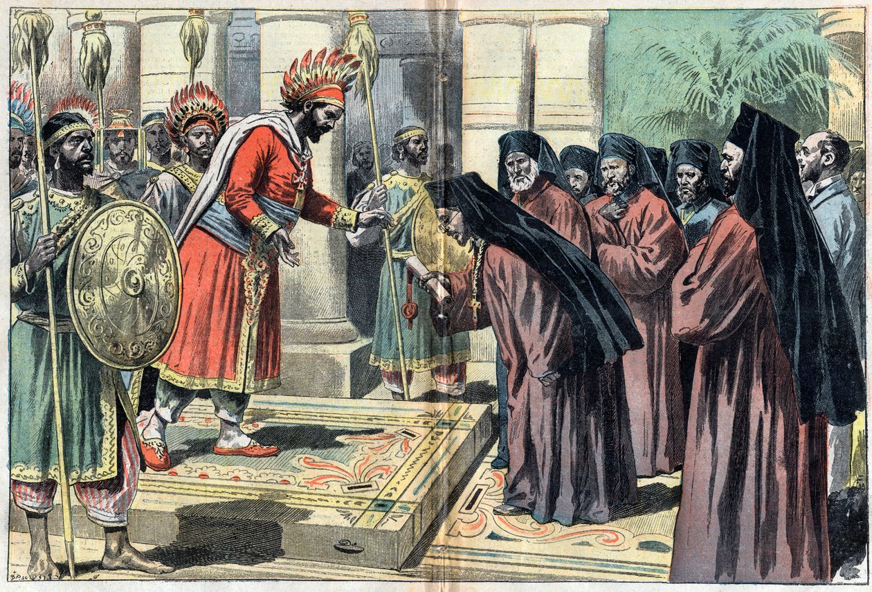 Mgr. Macaire omgir 50 prester, presenterer brevet til pave Leon XIII til kongen av Etiopia Menelik som svarer "" Paven er vår far alt"", illustrasjon fra avisen Le Pelerin 3. oktober av Unknown artist