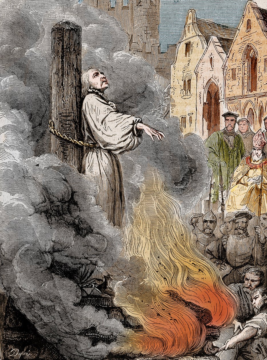 Michel Servet (Michel de Villanueva) (1511-1553) brenner levende i Genève etter ordre fra Calvin. av Unknown artist