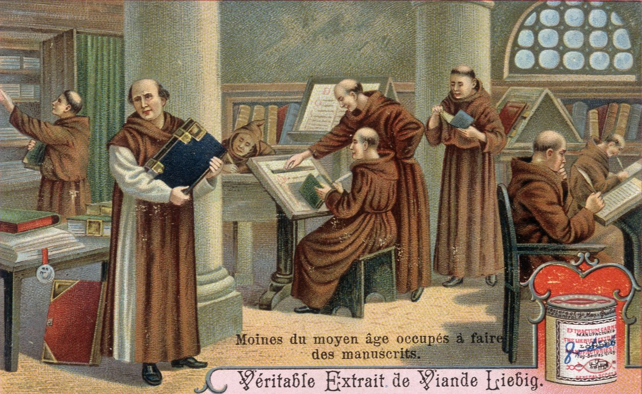Middelaldermunk skriver manuskripter. Kromolitografi, Liebig-bilde av Unknown artist