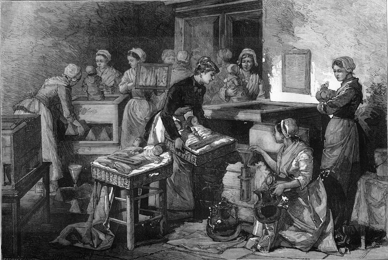 Midwife (Midwife), Nurses and incubators: The equipment of the maternity hospital to preserve the life of children born before term in Paris. Engraving in “” Le Monde Illustré”” av Unknown artist