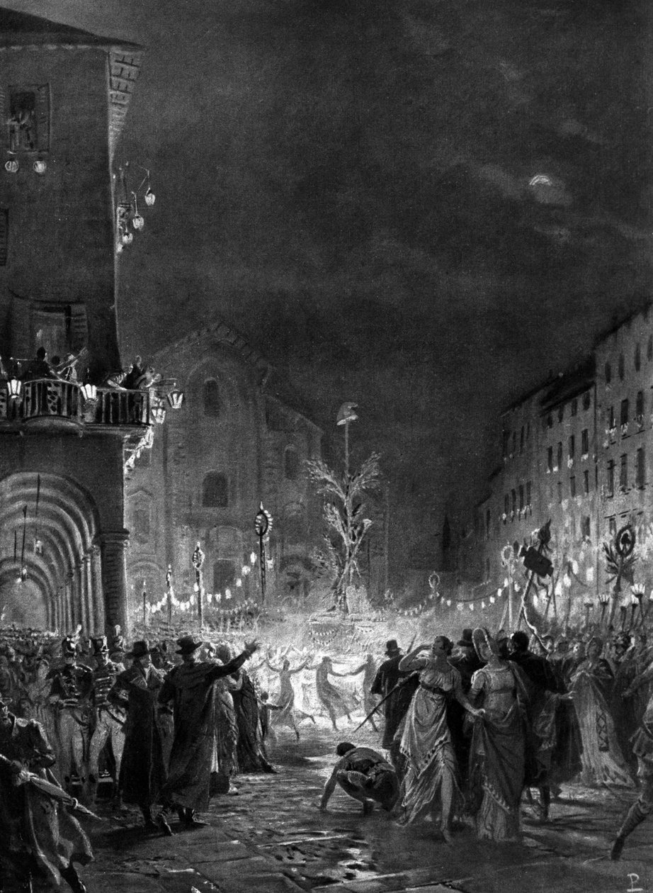 Milanesisk folkemengde i glede rundt Frihetstreet, symbol på seier over det gamle regimet, 05/1796. Gravering fra 1800-tallet av Unknown artist