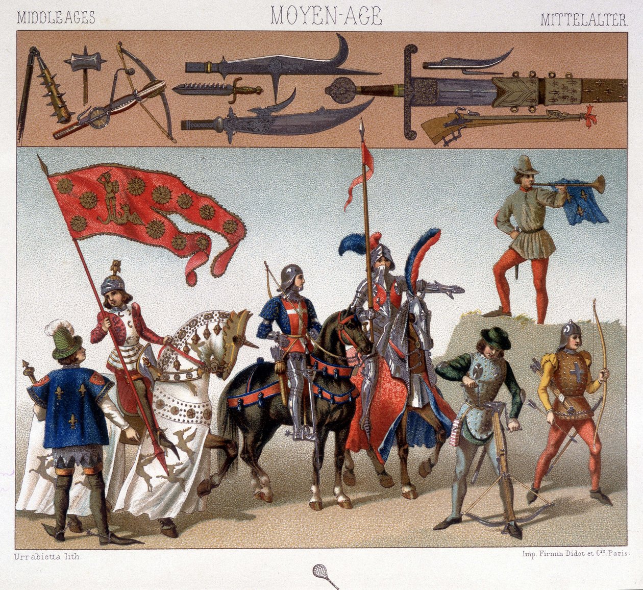Militære drakter i middelalderen mellom 1439 og 1450. I “Den historiske drakten” av A. Racquet av Unknown artist