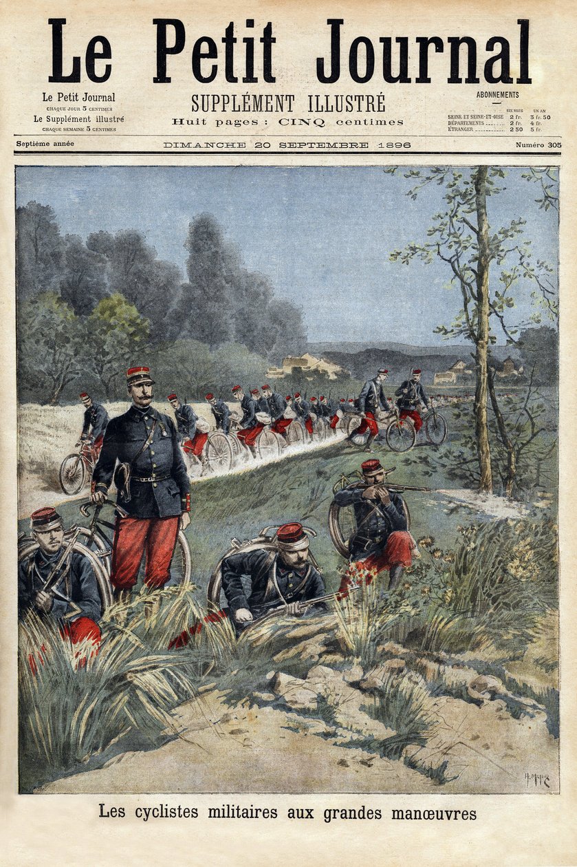 Militære syklister på de store manøvrene. Gravering i "" Le petit journal"" 20.09.1896. Selvas samling. av Unknown artist