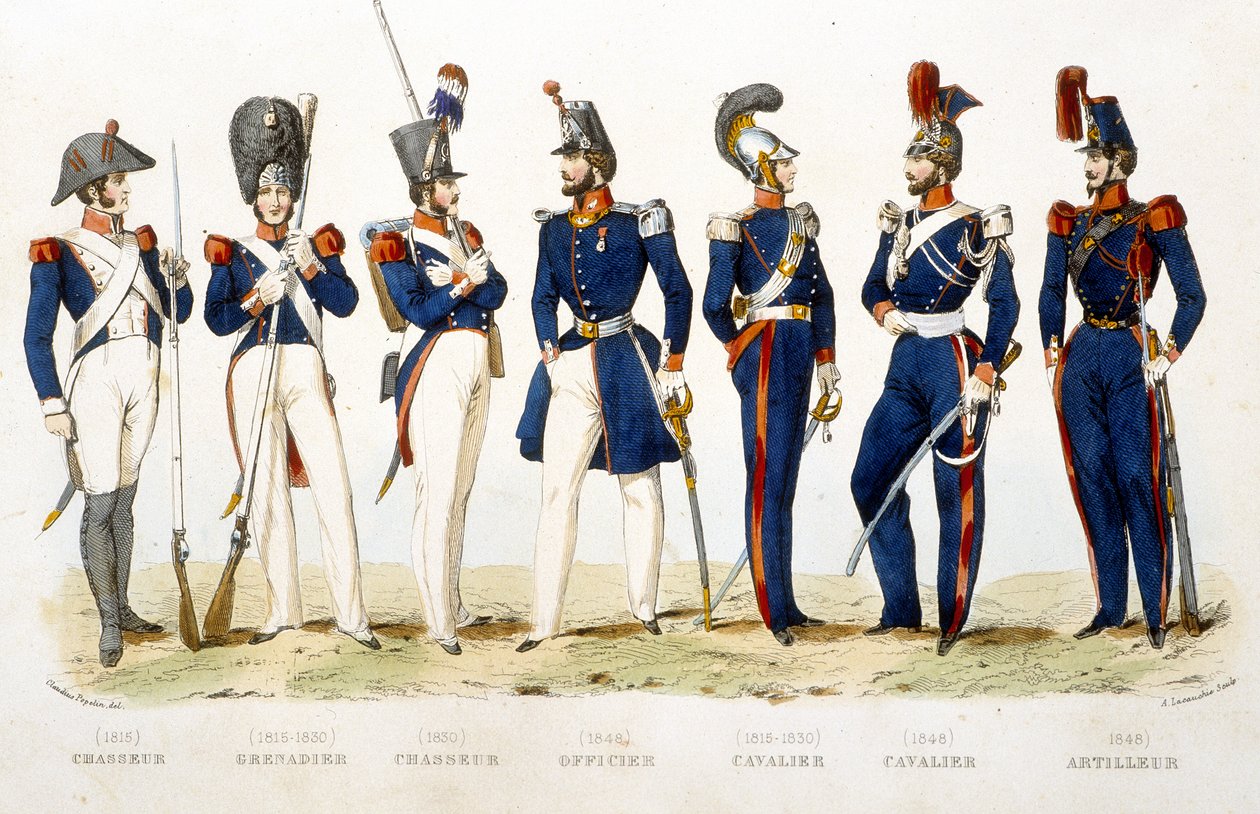 Militæruniform: jeger (1815), grenader (1815 - 1830), jeger (1830), offiser (1848), rytter (1815 - 1830), rytter (1848), skytter (1848) - i "Fasttes de Gardes Nationales de France ” av Unknown artist