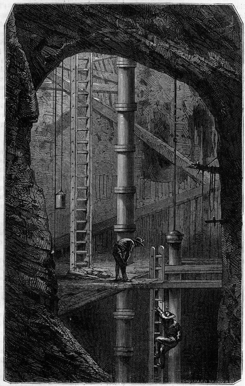 Miners inside a tin mine in Cornwall, England. Engraving in the journal “” La jeunesse”” av Unknown artist