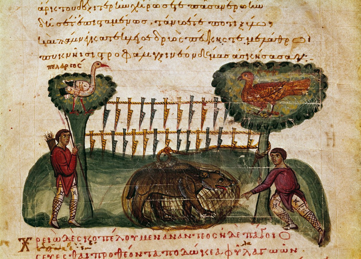 Miniatyr bjørnejaktscene fra jakten ""The Cynegetics"" av Oppian (Oppian eller Oppianus) fra Syria (3. århundre e.Kr.) dedikert til Caracalla. Venezia fra 1000-tallet. Biblioteca Marciana av Unknown artist