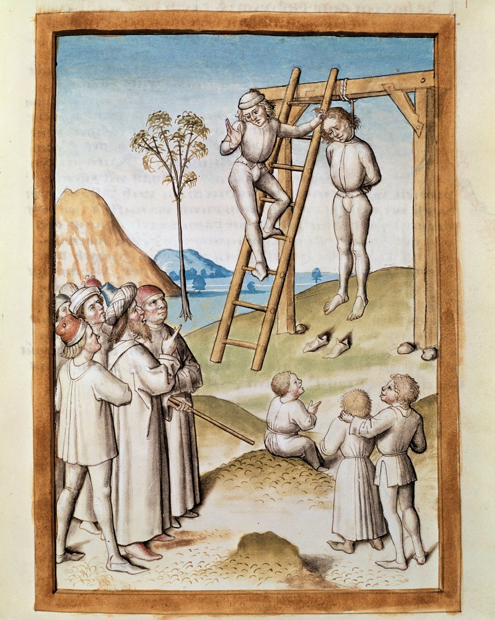 Miniatyrhengende scene hentet fra en tysk oversettelse av fablene om "Kalila (Calila) og Dimna" av Bidpai. (ms. 1389, fol. 117) rundt 1480 Chantilly, musee Conde av Unknown artist