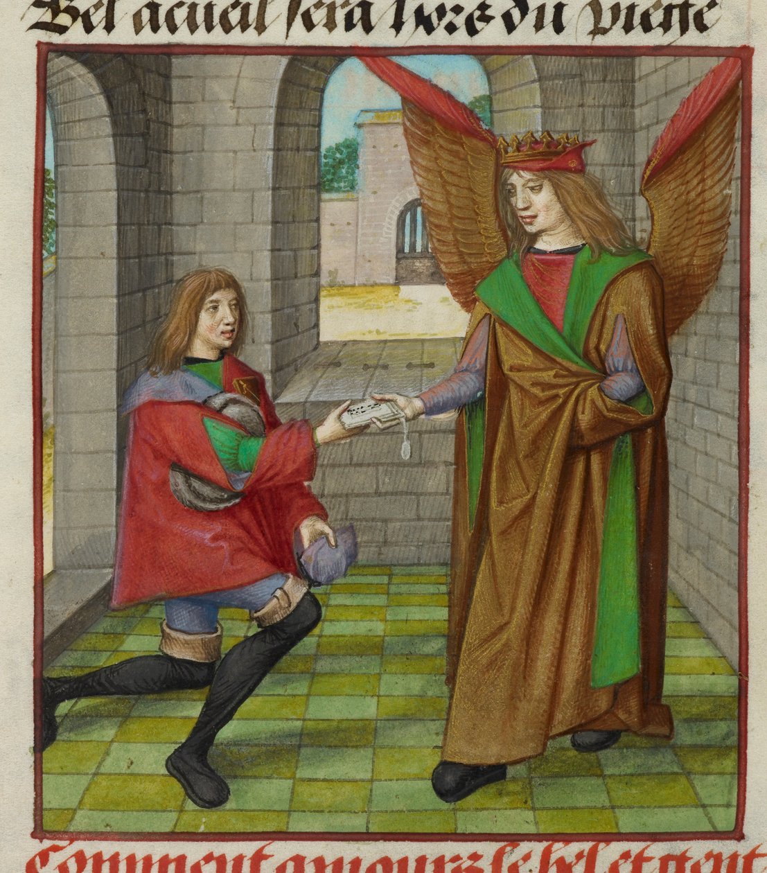 Miniatyr av Amour (kjærlighet) som leverer et brev til en budbringer, fra 