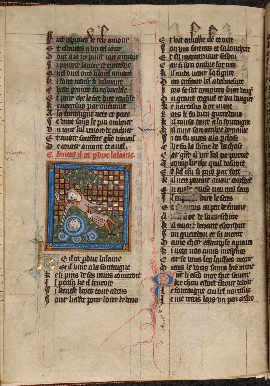 Miniatyr av Narcissus som beundrer refleksjonen hans i en fontene, fra 