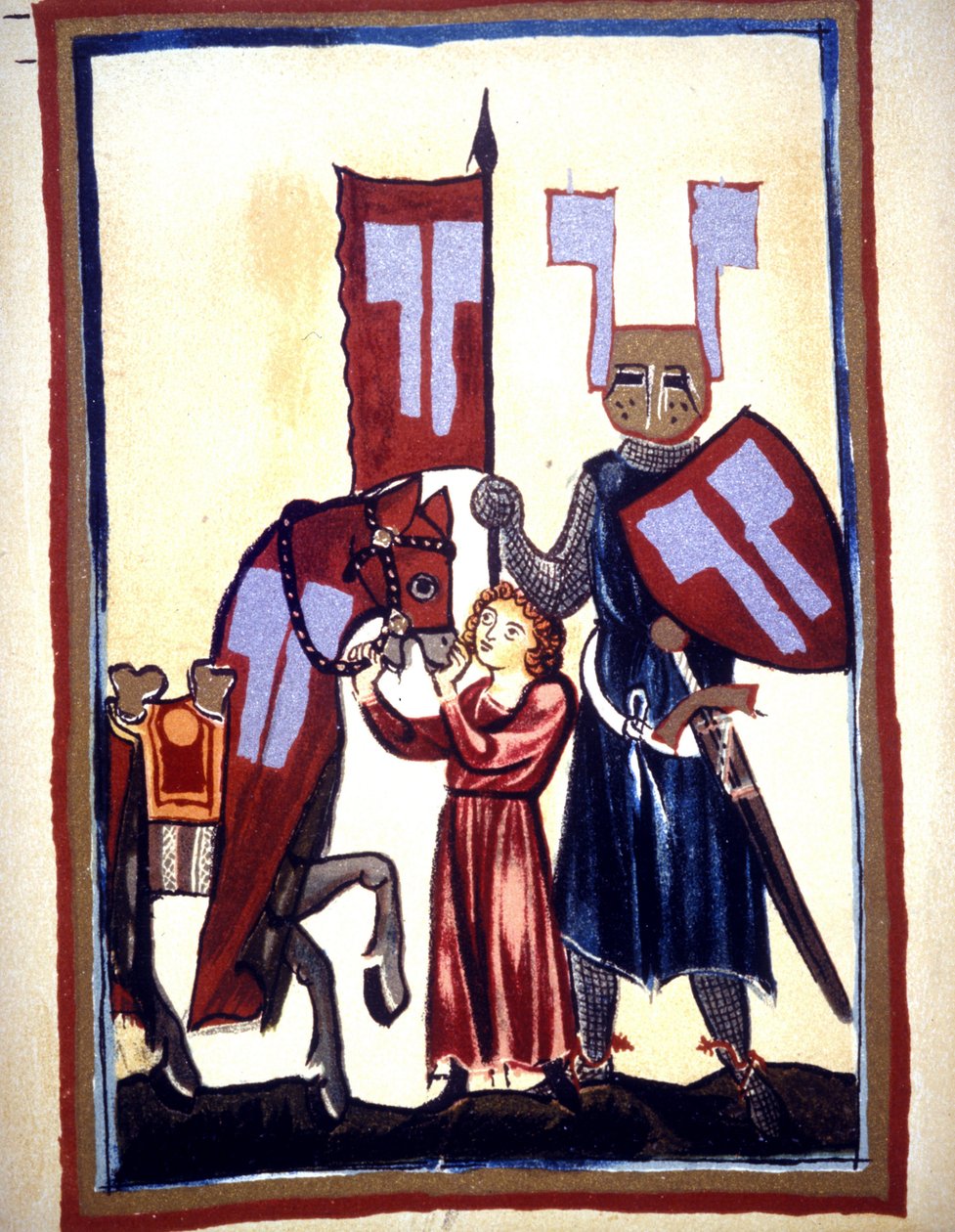 Miniatyr av Codex "Manesse", eller "Manessesche Liederhandschrift", som er et manuskript laget i Alsace mellom 1300 og 1330 for et bemerkelsesverdig Zürich. Representasjon av Wolfram von Eschenbach, en tysk poet, som skrev romanen "" Parzival"" mellom 1200 av Unknown artist