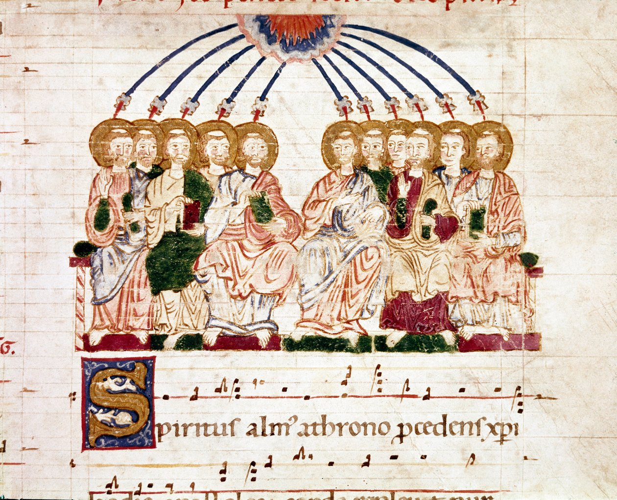 Miniatyr pentecote fra en gradvis antifonær (tropair) (ms. 65) Plaisance fra 1100-tallet, Biblioteca Capitolare av Unknown artist