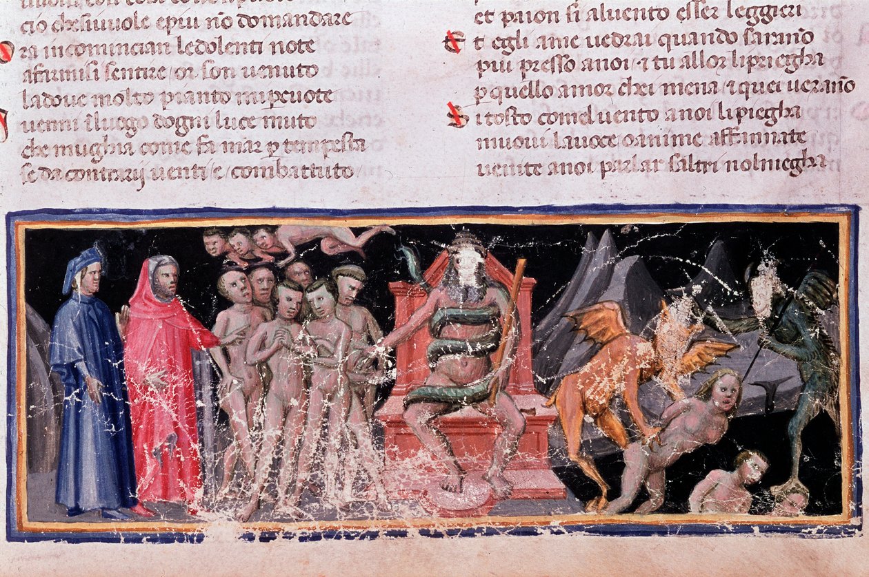 Minos dømmer overtredelsene og sender sjelene (sang 5 av helvete, i den guddommelige komedie) - miniatyr av Unknown artist