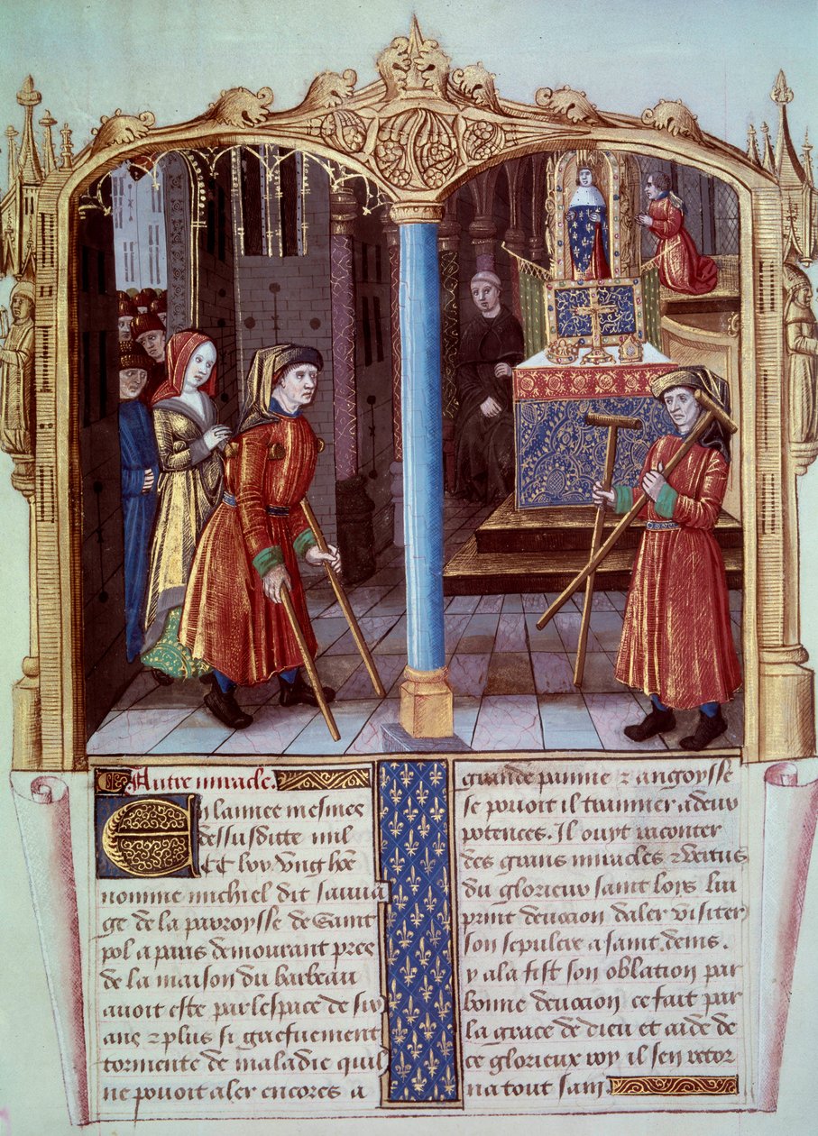 Miracle of Saint Louis (1214-1270): en kriger av en halt med bequille. Miniatyr i "" Life and miracles of Saint Louis"" av Unknown artist