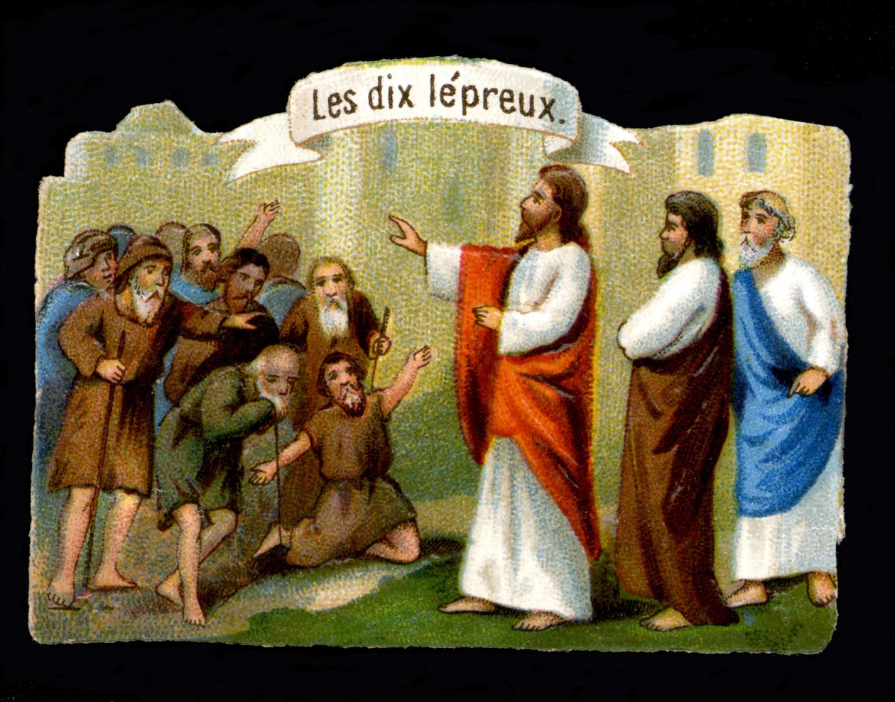 Jesu mirakler. Kristus som fører de spedalske. 1800-talls kromolitografi. av Unknown artist