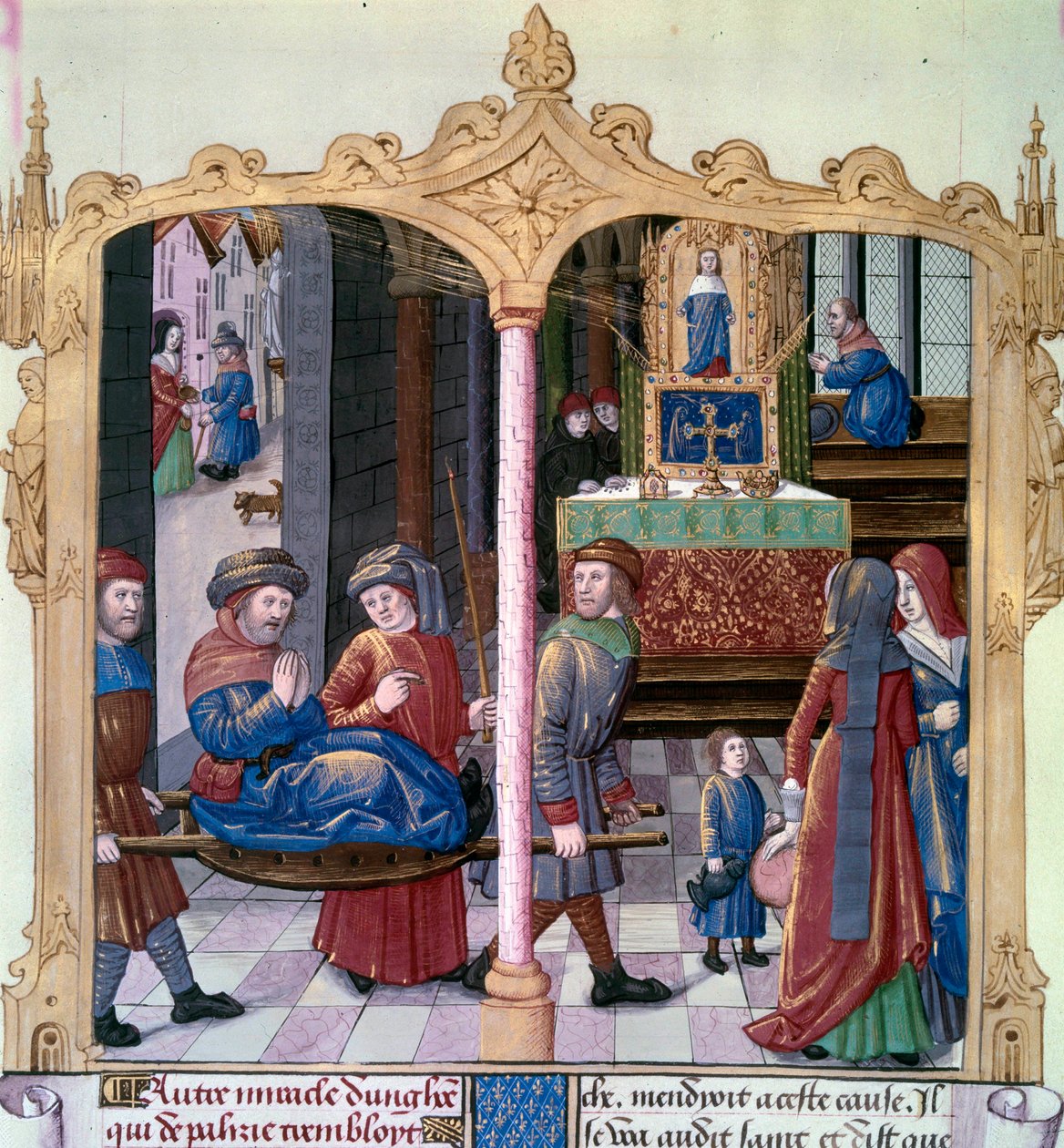 Mirakler fra Saint Louis: Kong Ludvig IX (1214-1270) kjempet mot en lammet. Miniatyr fra et manuskript "The Book of Facts Monsignor Saint Louis"" 1400-tallet. Paris, B.N av Unknown artist