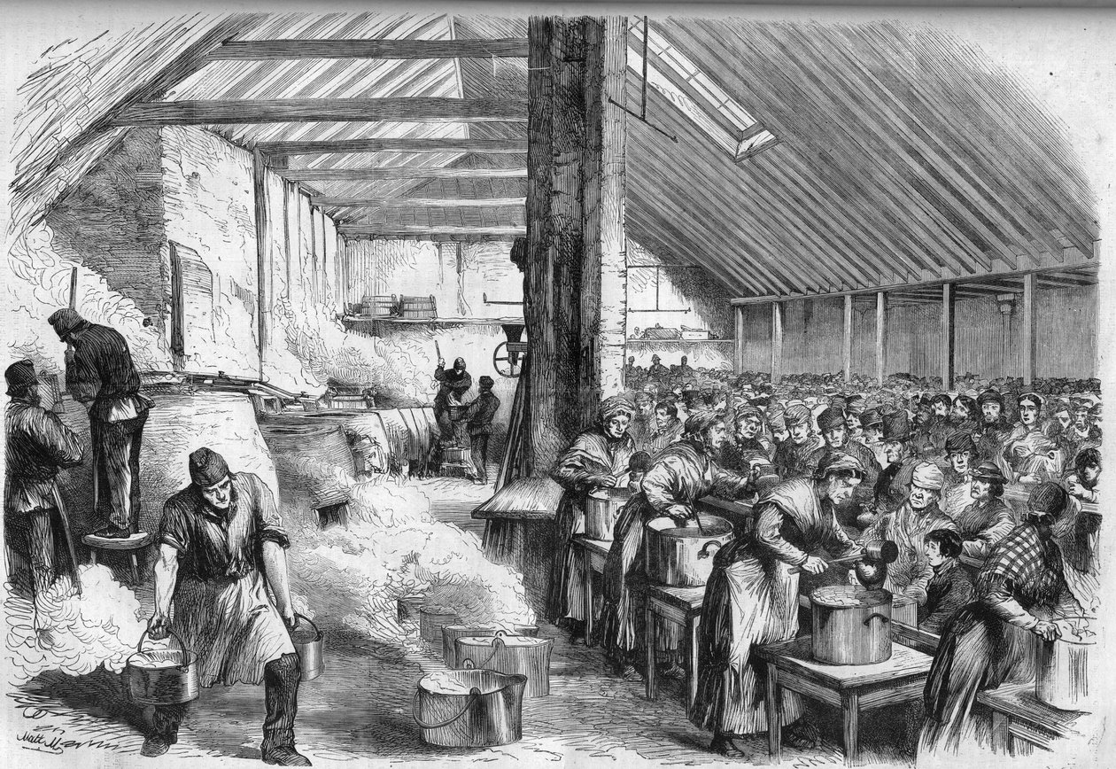 Misere in London: Public distribution of food for the poor in London in Spitalfields. Engraving in “” The Illustrious Universe”” av Unknown artist