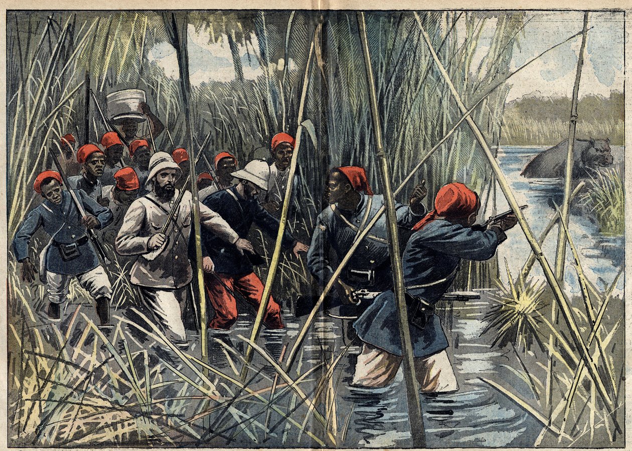 Oppdrag Marchand (1896-1899) til Fachoda (Sudan): den franske kapteinen Baratier (1864-1917) og troppene hans rykket frem gjennom myra mot Fachoda. (Ifølge kaptein Baratiers loggbok). Illustrasjon i "" Le Pelerin"" av 6. november av Unknown artist