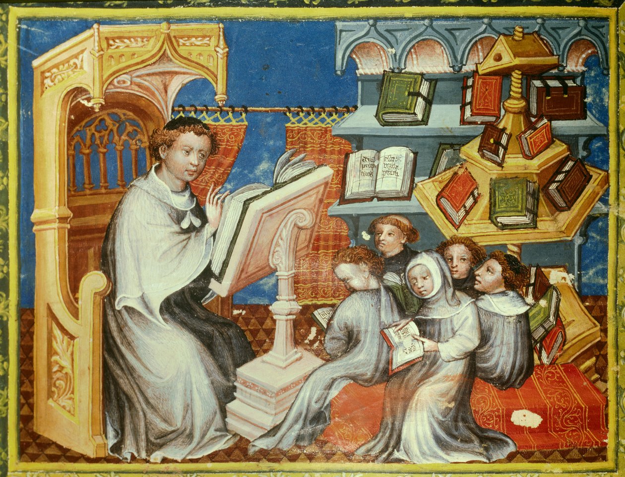 Monastisk skole i klosteret til eremittene til Saint Augustine i Paris: en munk på en prekestol leser en lecon med tenåringer, men også med laics. Til høyre, et pundhjul. Miniatyr i "" bible historiee"" (Bible historiale) av Pierre Comestor (P av Unknown artist