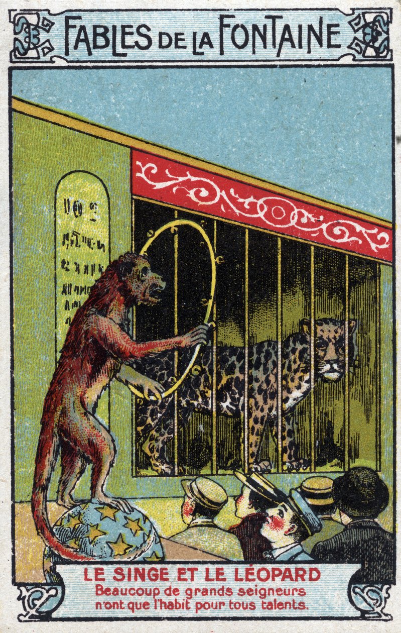 Monkey and Leopard - Fables av Jean de La Fontaine (1621-95) -Kromolitografi fra slutten av 1800-tallets privatsamling av Unknown artist