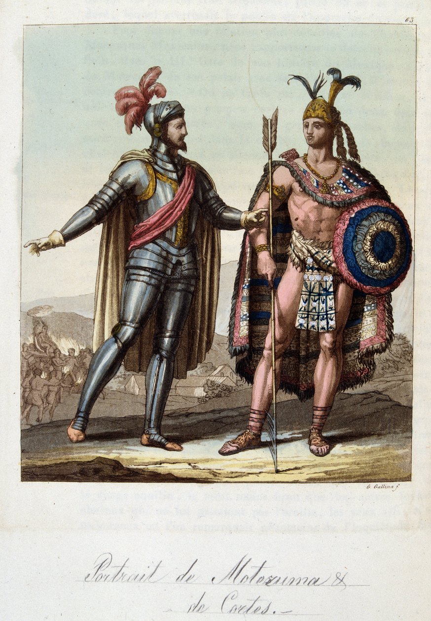 Montezuma II, Aztec King, og Hernan (eller Hernando) Cortes eller Fernand Cortes (1485-1547), spansk erobrer - i "" The Old and Modern Costume"" av Ferrario, red. Milan av Unknown artist