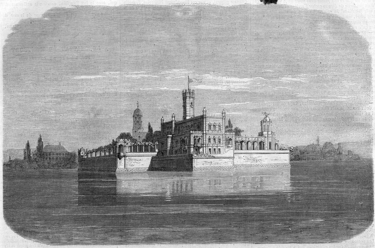 Montfort slott ved Bodensjøen i Tyskland. Gravering i "" The Illustrious Universe"" av Unknown artist
