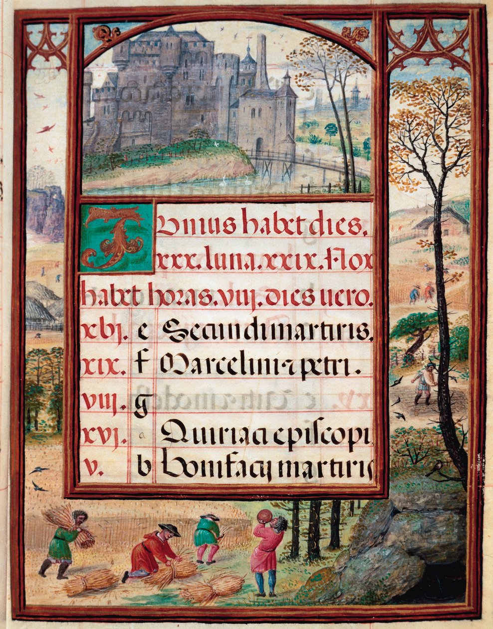 Juni måned: landskap og høsting. Bønder i arbeid. Side av manuskriptet "Time Book of Hours" av Manuel I av Portugal (1469-1521) 1517. Lisboa, Museo di Arte Antica av Unknown artist