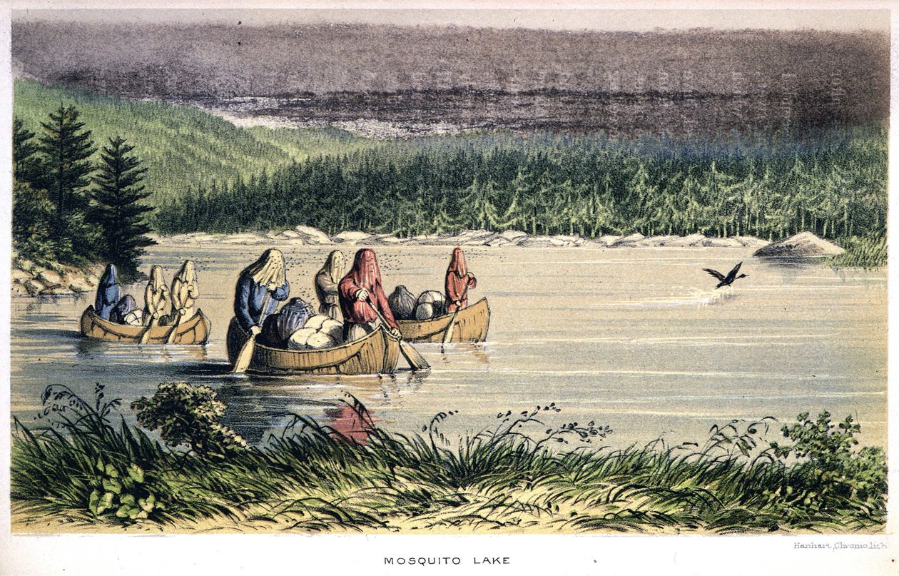 Mosquito Lake i Canada: Indianere kano over innsjøen med myggnetting på hodet - i "Exploration of the Labrador Peninsula" av Hind, London av Unknown artist