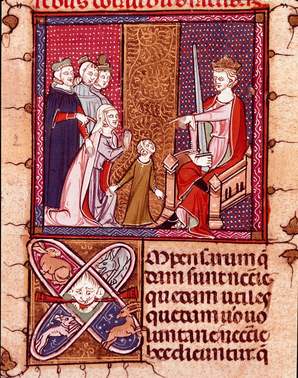 Mor og barn dukker opp for en konge, representant for Justice Miniature hentet fra "Justiniani in Fortiatum"" Royal Library of the Escorial Monastery (Escorial), Spania fra 1300-tallet av Unknown artist
