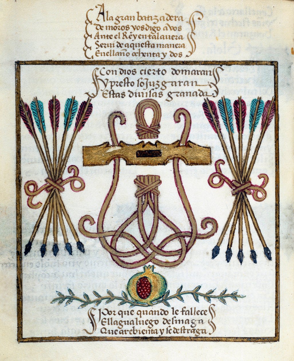 Motto for katolske konger. Emblem til katolske konger. Miniatyr i "" Devotorio de la Reyna Da Juana som de kalte La Loca"" av Pedro Marcuello av Unknown artist