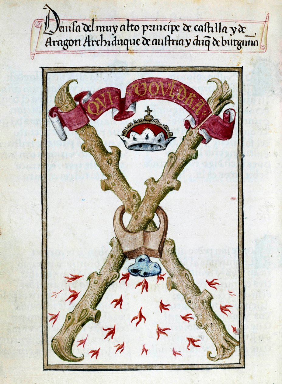 Motto for hertugene av Burgund. Manuskriptside hentet fra "" Collection of devotion of Queen Joan the Folle (1479-1555) of Spain"" av Pedro Marcuello ("Devotional of Queen Da Juana who was called the Madwoman") Chantilly fra 1400-tallet, Musee Conde av Unknown artist