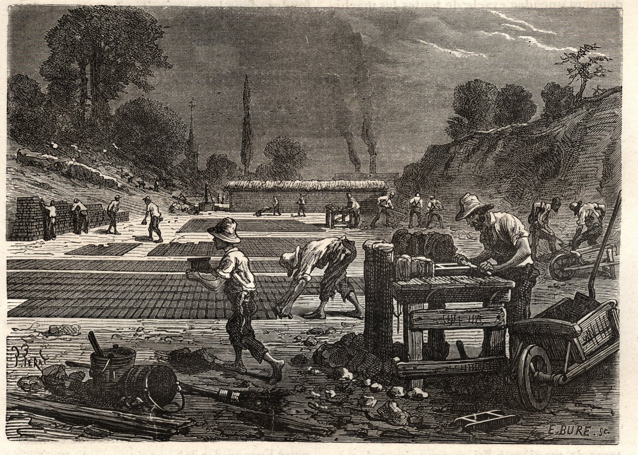 Moulage des bricques - Støping av murstein - gravering i 'Les Merveilles de l'Industrie' av Louis Figuier av Unknown artist