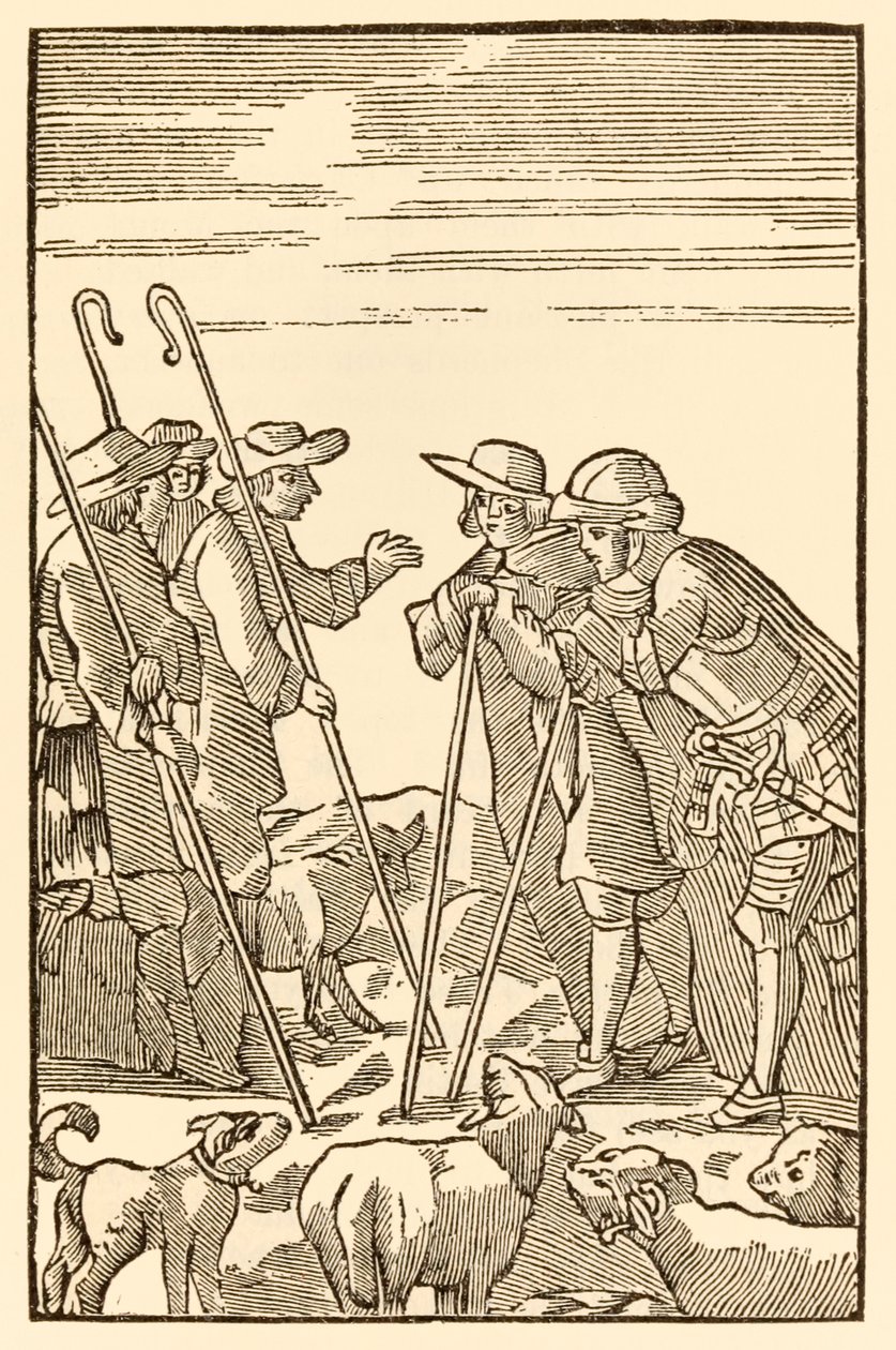 Mountain Delectable de nå bestiger fra The Pilgrims Progress From This World, To That Who Is To Come av John Bunyan (1628-1688) Christian and Hopeful meet the Shepherds: Knowledge, Experience, Wat av Unknown