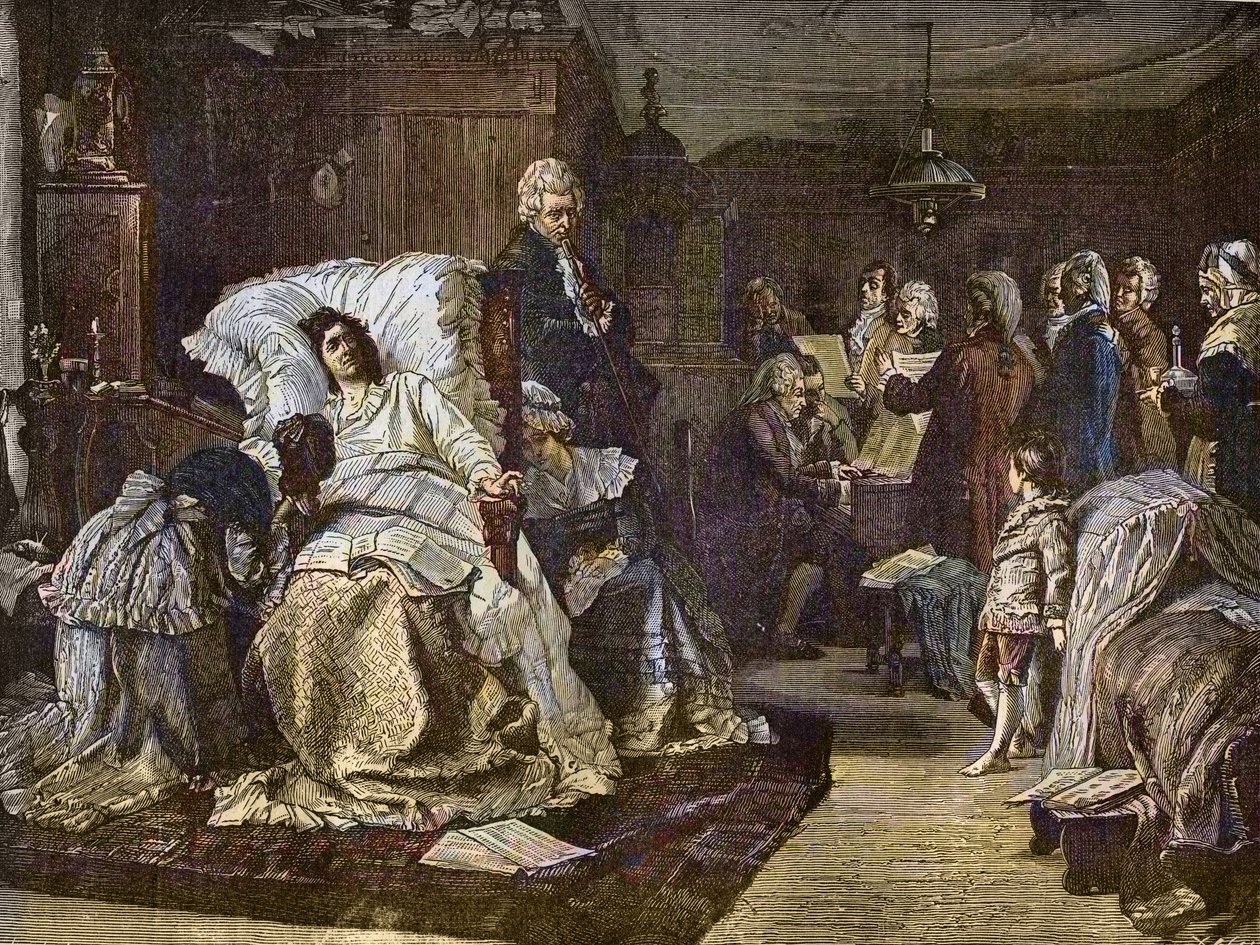 Mozarts siste dager etter maleri av Hermann Kaulbach (1846-1909) - Gli ultimi momenti di Mozart - siste dag av Wolfgang Amadeus Mozart - gravering i "" Popular Music""" berømte ukeavis - 1882 av Unknown artist