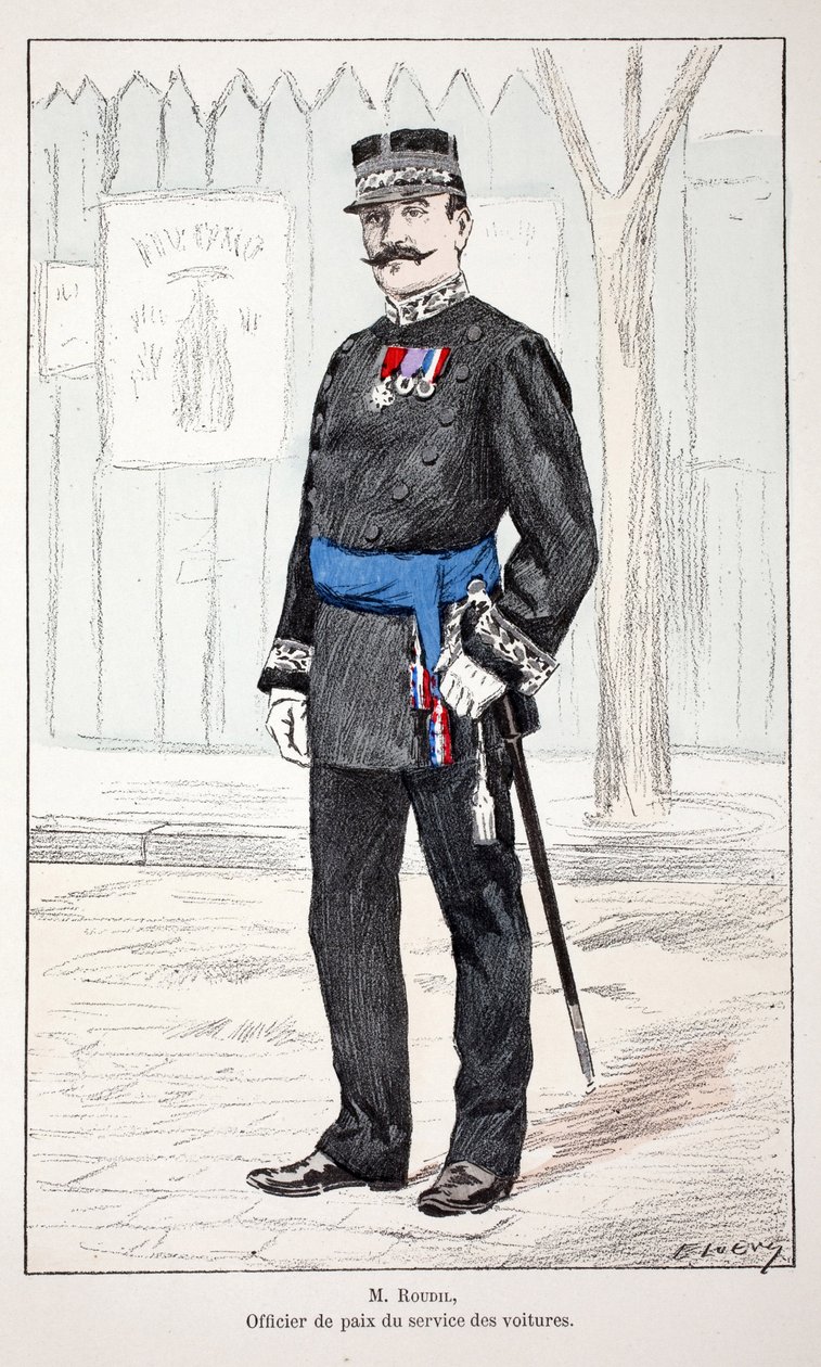 Mr. Roudil, fredsoffiser i biltjenesten. Etsning i farger, for illustrasjon "" History of the corps of peacekeepers""" bok utgitt i regi av Louis Lepine (1846-1933), prefekt for politiet på Seinen, av Alfred Rey (1864-?) og Lo av Unknown artist