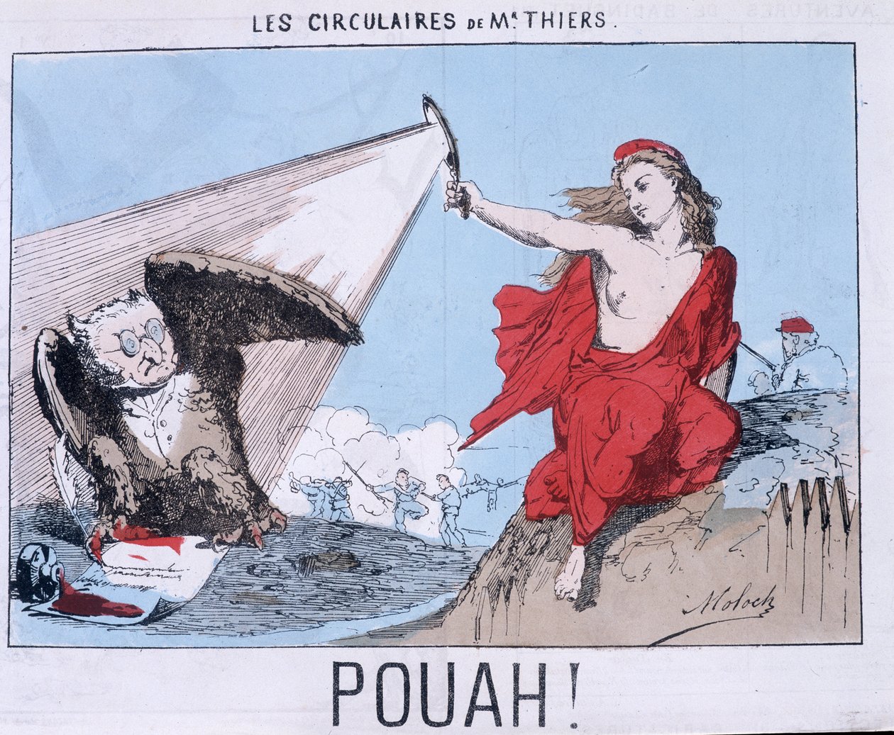 Mr. Thiers sine flyers - Pouah! : Tegneserie av Thiers i Owl and Marianne (La commune) lyser opp ham. av Unknown artist