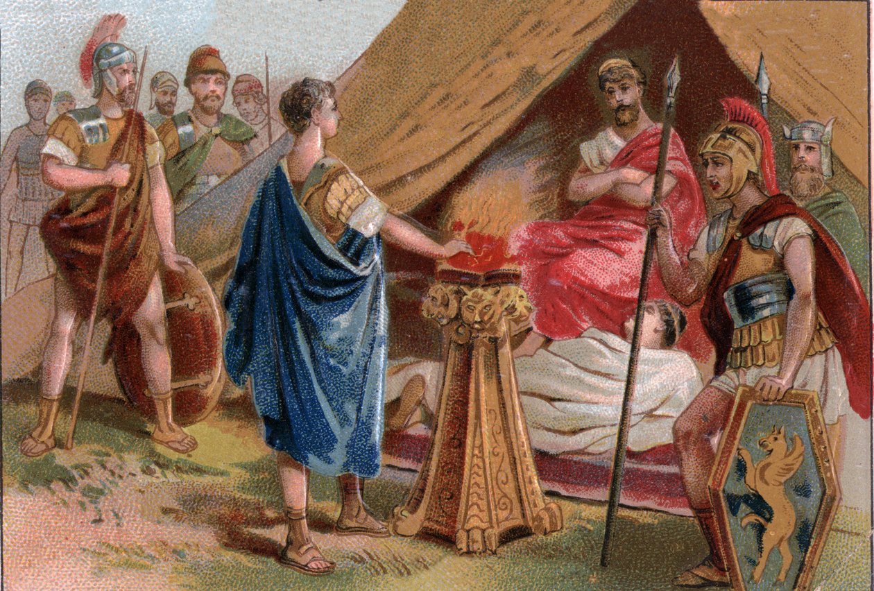 Mucius Scaevola før Porsenna (Micius Scaevola før Porsenna). Caius Mucius Scaevola, en ung romersk patrisier tatt til fange av den kongelige garde av Porsenna (Porsinna, Porsena) av Unknown artist