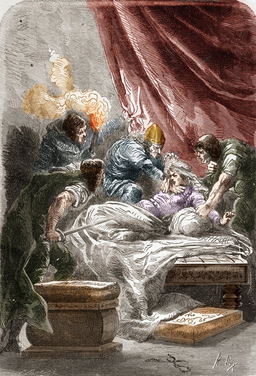 Mordet på Galswinthe (Galsuinde) (Galsuinte) (ca. 545 - 567), dronning av frankerne i Neustria, kone til Chilperic I (konge av frankerne). Gravering i "" Histoire De France En Cent-malerier av Paul Lehugeur "" 1891 av Unknown artist