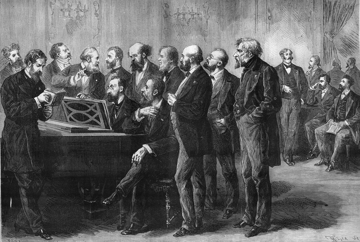 Musikalsk konkurranse fra byen Paris i 1878. Juryen ved Palais du Luxemburg undersøker partiturene "Pardis lost" og "Mug". Fra venstre til høyre: Column, Perrin, Cherouvrier, Gounod, Boulanger, Camille Saint Saens (Saint-Saens), Lenepveu, vaucorbe av Unknown artist